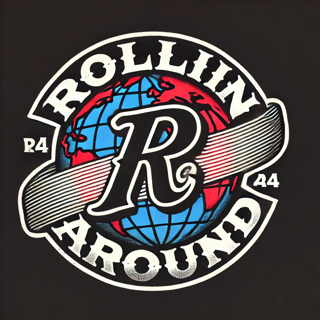 DALL·E 2025-03-08 18.27.38 - A logo for 'Rollin Around' stylized as 'R@' in an Old English font. The design features a globe in the background, representing worldwide reach and mo